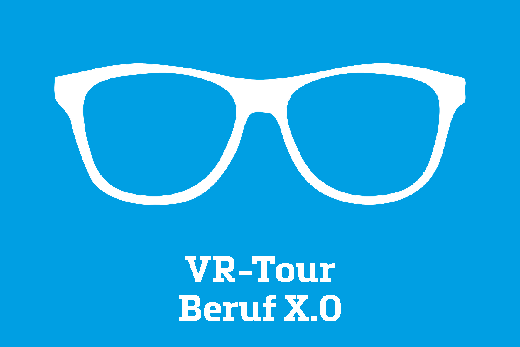 Blauer Hintergrund mit Grafik einer Fotokamera, dazu der Text "VR-Tour Beruf X.0"