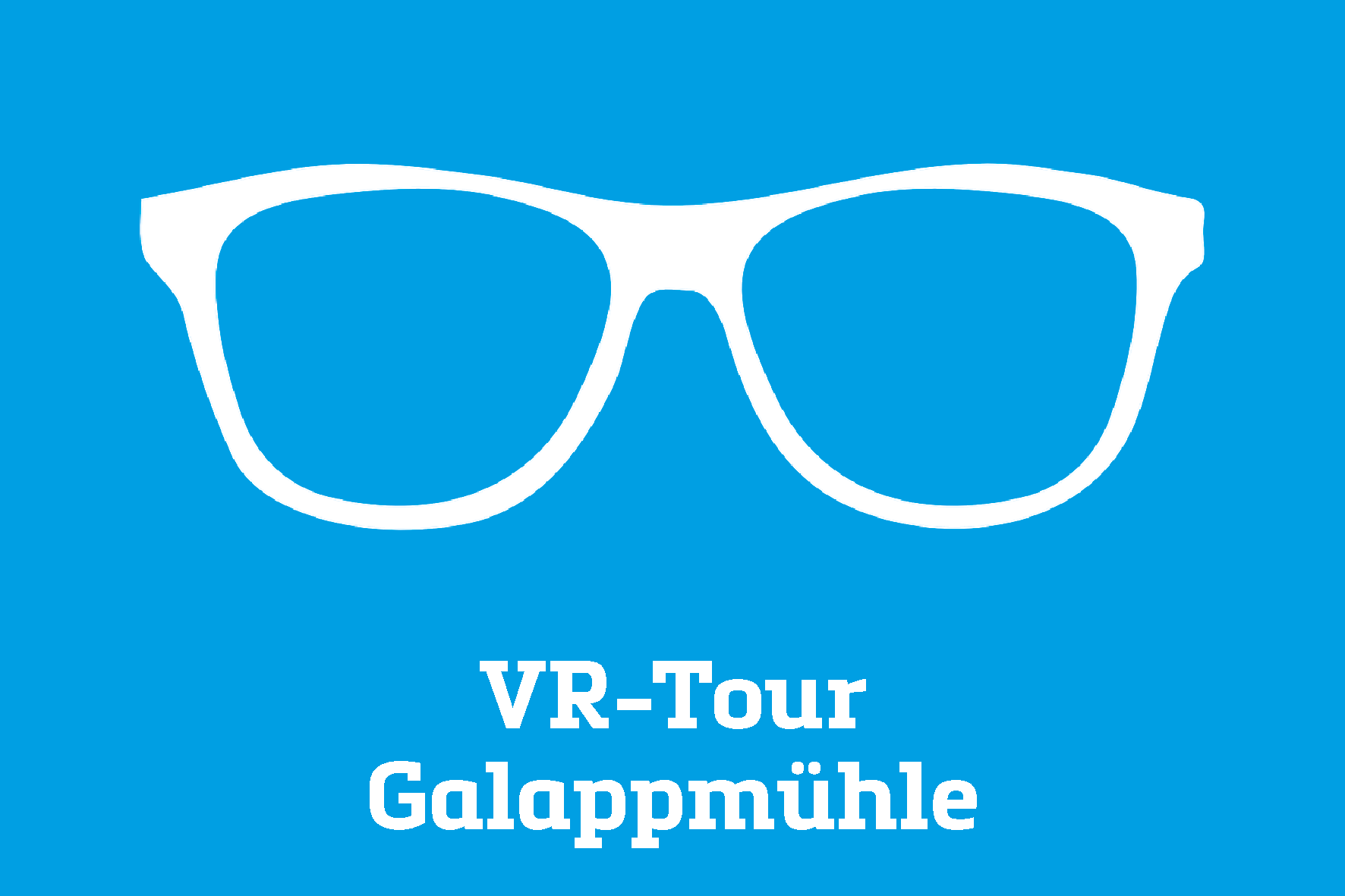Blauer Hintergrund mit Grafik einer Fotokamera, dazu der Text "VR-Tour Galappmühle"