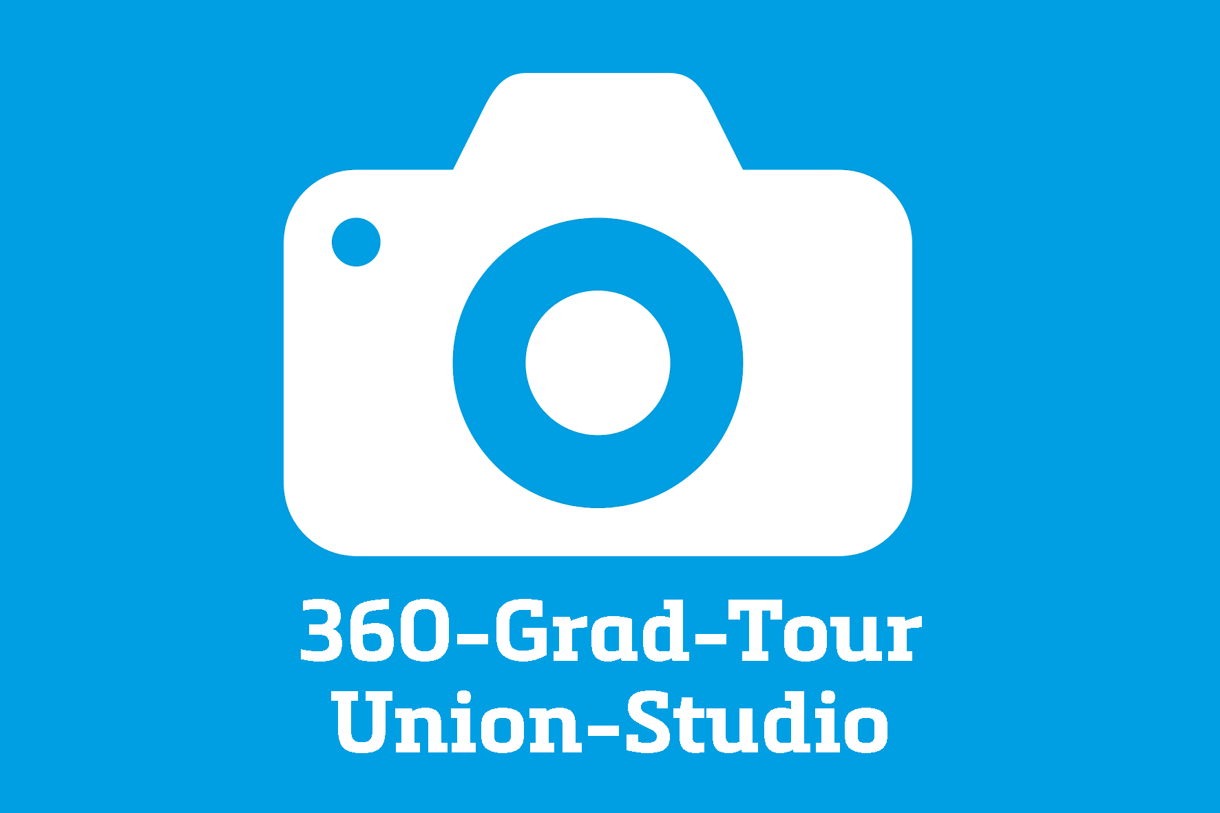 Blauer Hintergrund mit Grafik einer Fotokamera, dazu der Text "360-Grad-Tour Union-Studio"