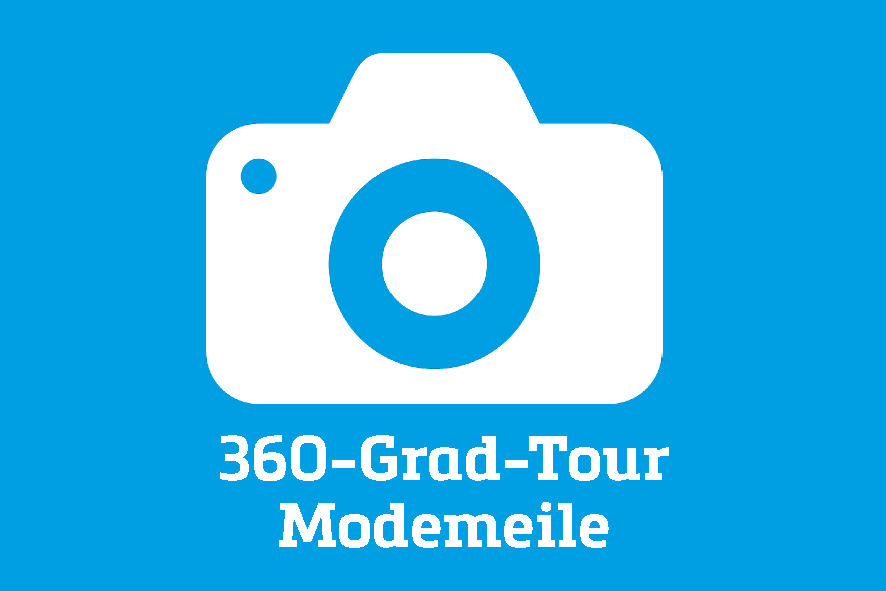 Blaue Grafik mit Fotokamerasymbol und Schriftzug "360-Grad-Tour-Modemeile"