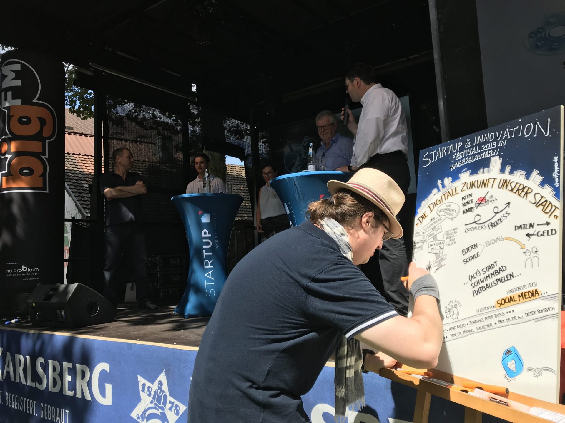 Mehrere Menschen stehen auf einer Bühne im Freien und diskutieren. Ein Mann mit Hut steht vor der Bühne und zeichnet etwas auf eine Leinwand. Auf der Leinwand steht