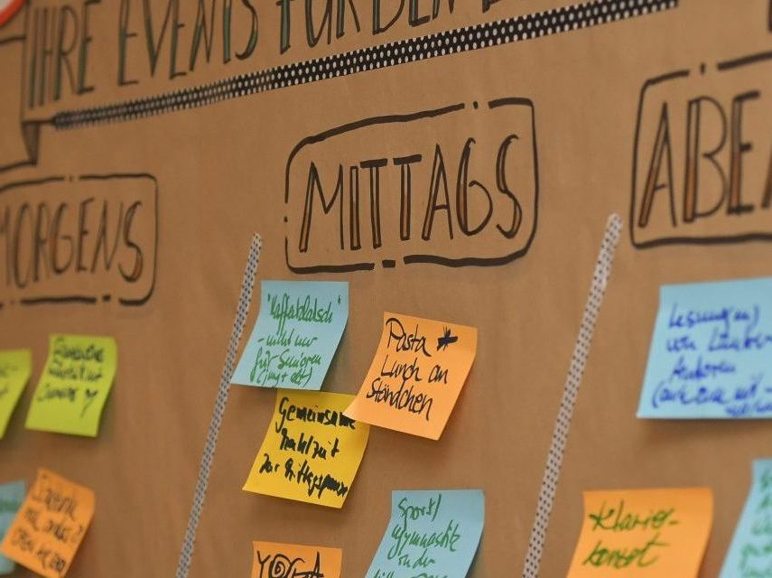 Bunte Post-Its auf einem Plakat, Beschriftung: Morgens, Mittags, Abends