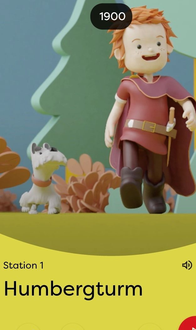 Screenshot aus einer App, ein animierter Hund und ein animierter Junge