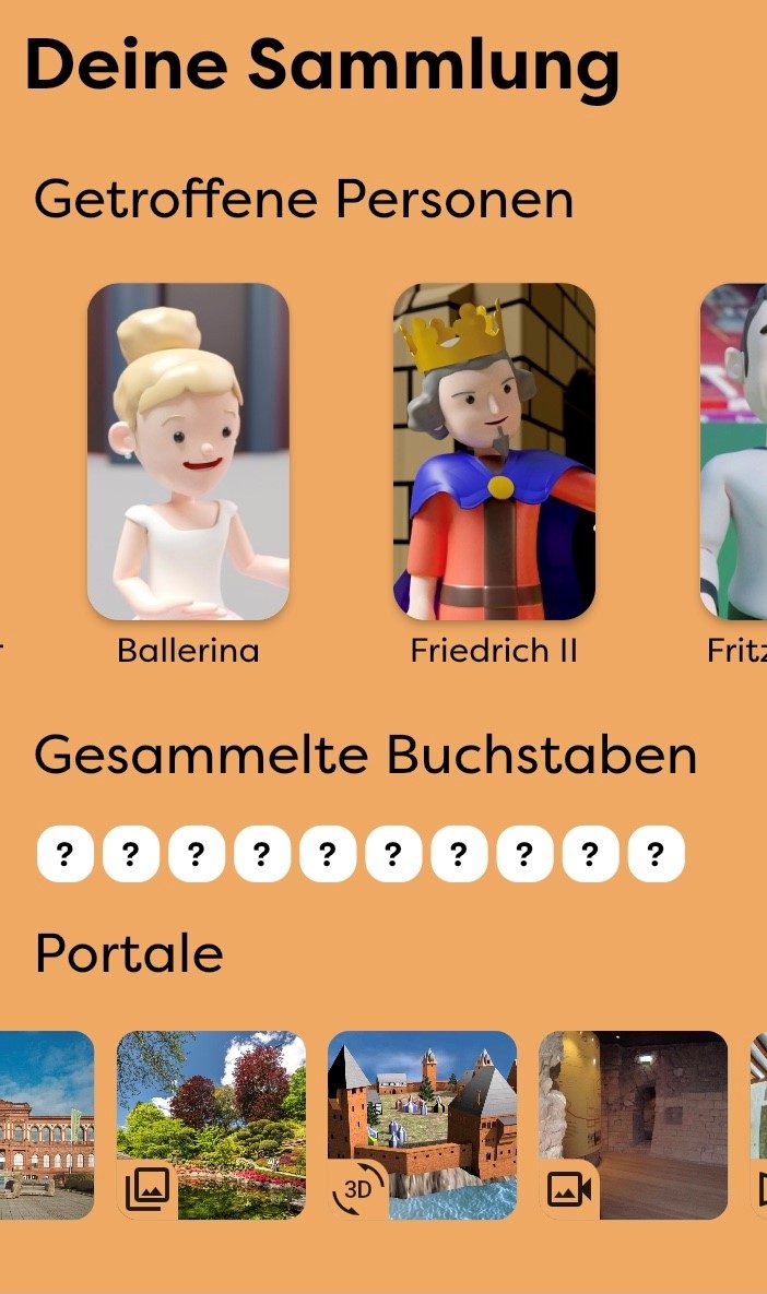 Screenshot aus einer App, animierte Figuren von einer Ballerina und einem Mann mit einer Krone
