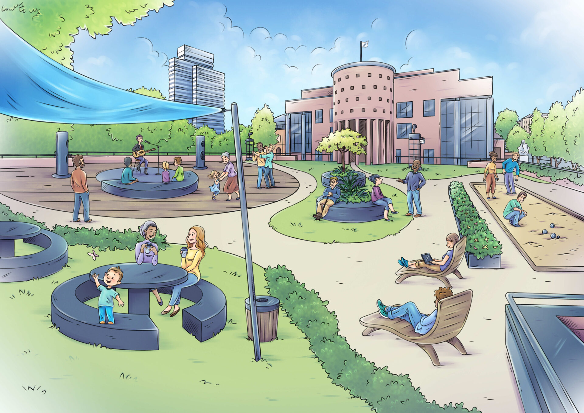 Zeichnung eines öffentlichen Platzes, ähnlich wie ein Park, mit angelegten Wegen, Sitzmöglichkeiten, einer kleinen Bühne, auf der Musik gemacht wird. Rechts im Bild eine Boulebahn, auf der Menschen Boule spielen. Im Hintergrund ein Hochhaus und ein rötliches Gebäude mit einer Rotunde.