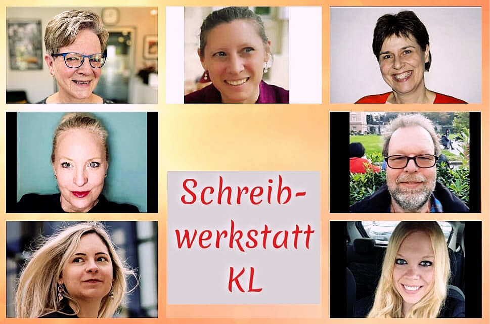 Collage von Porträtfotos von sechs Frauen und einem Mann. In der Mitte steht "Schreibwerkstatt KL"