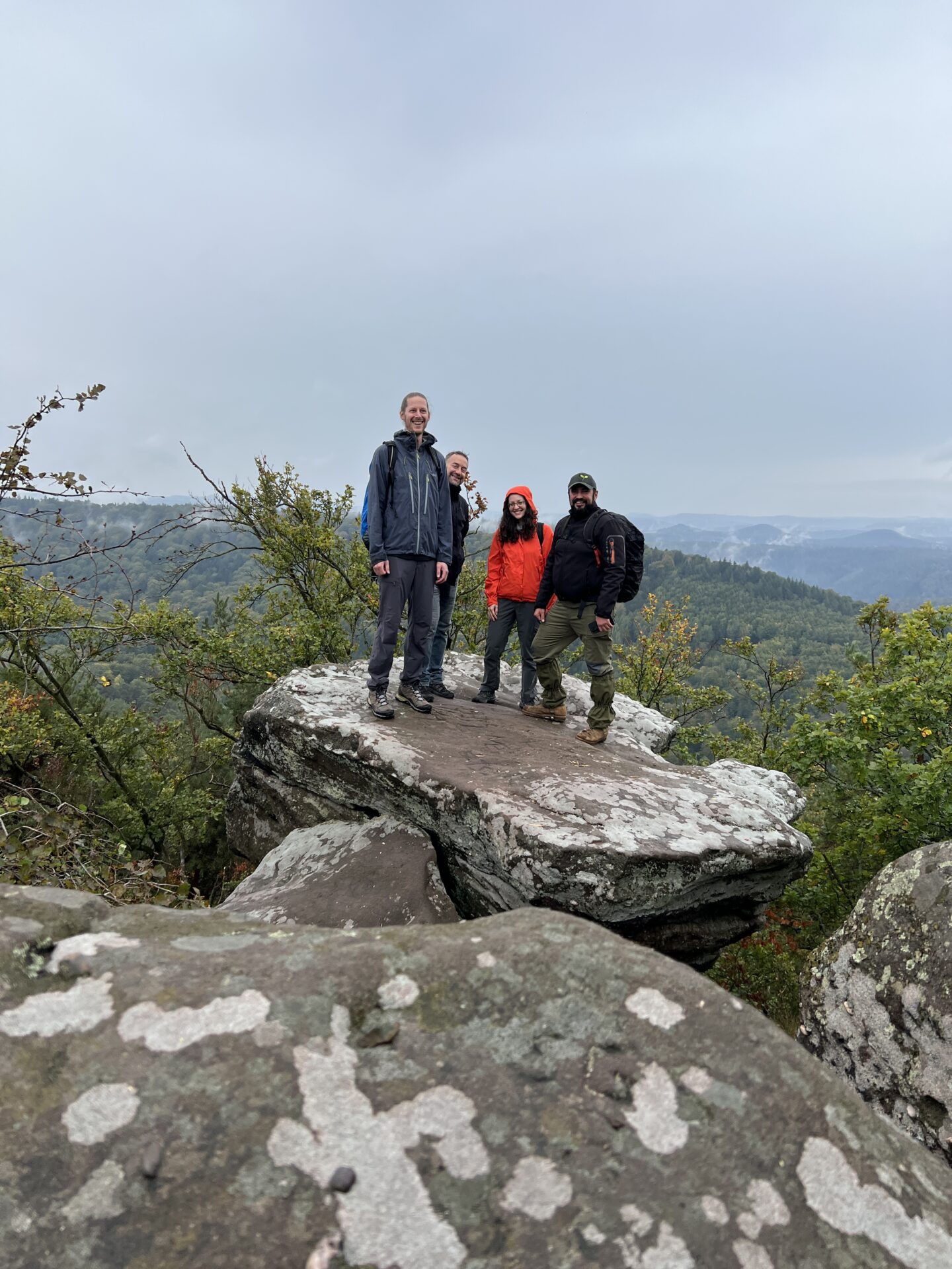 Drei Männer und eine Frau stehen auf einem Felsen auf einem Berg.