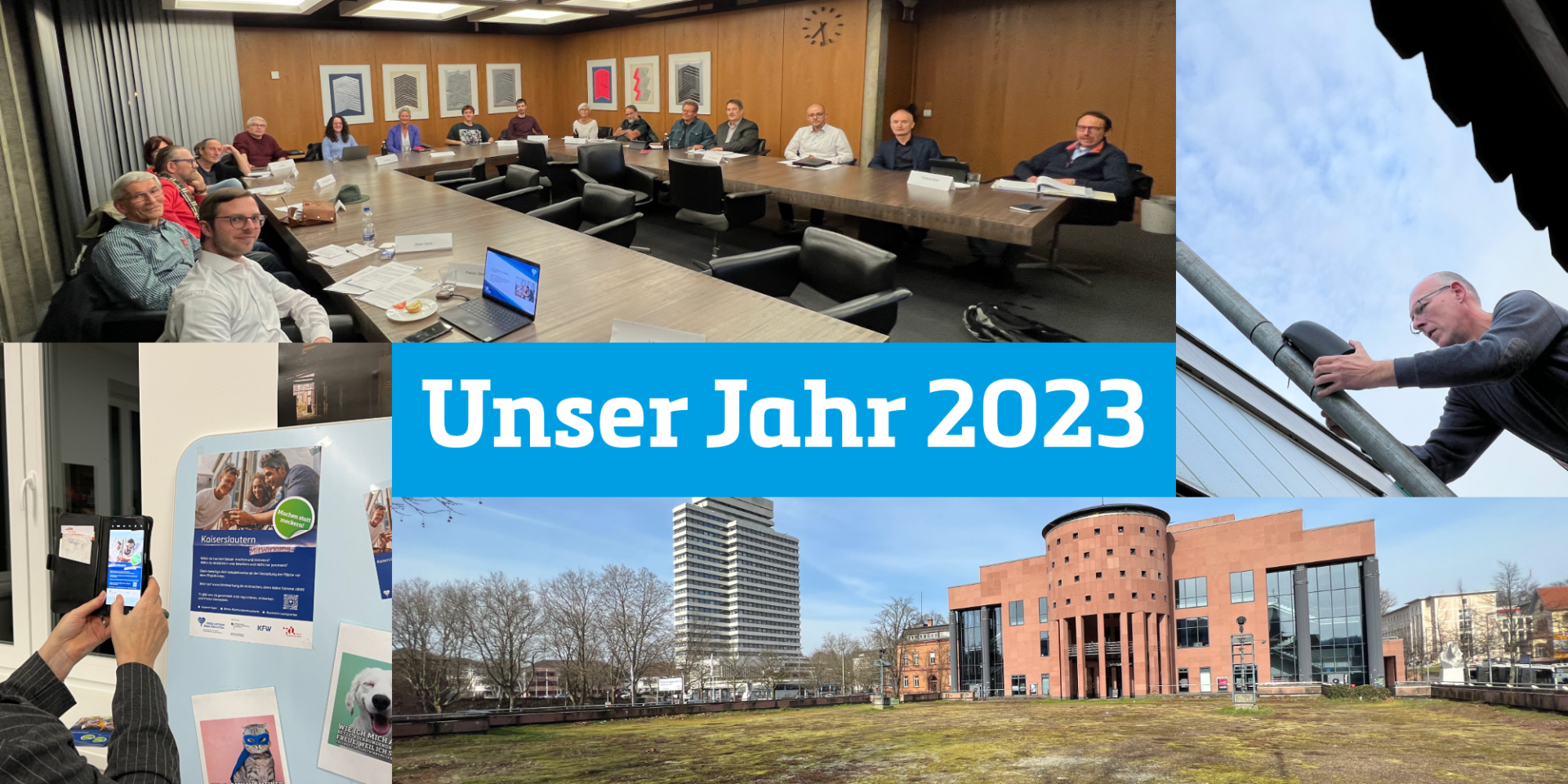 Fotocollage mit der Beschriftung: Unser Jahr 2023. Foto links oben zeigt mehrere Personen, die um einen Konferenztisch verteilt sind. Foto rechts oben zeigt einen Mann, der etwas an einem Mast befestigt. Foto rechts unten zeigt eine Wiesenfläche vor einem Theatergebäude. Foto links unten zeigt eine Pinnwand mit mehreren Plakaten, von der gerade ein Foto gemacht wird.